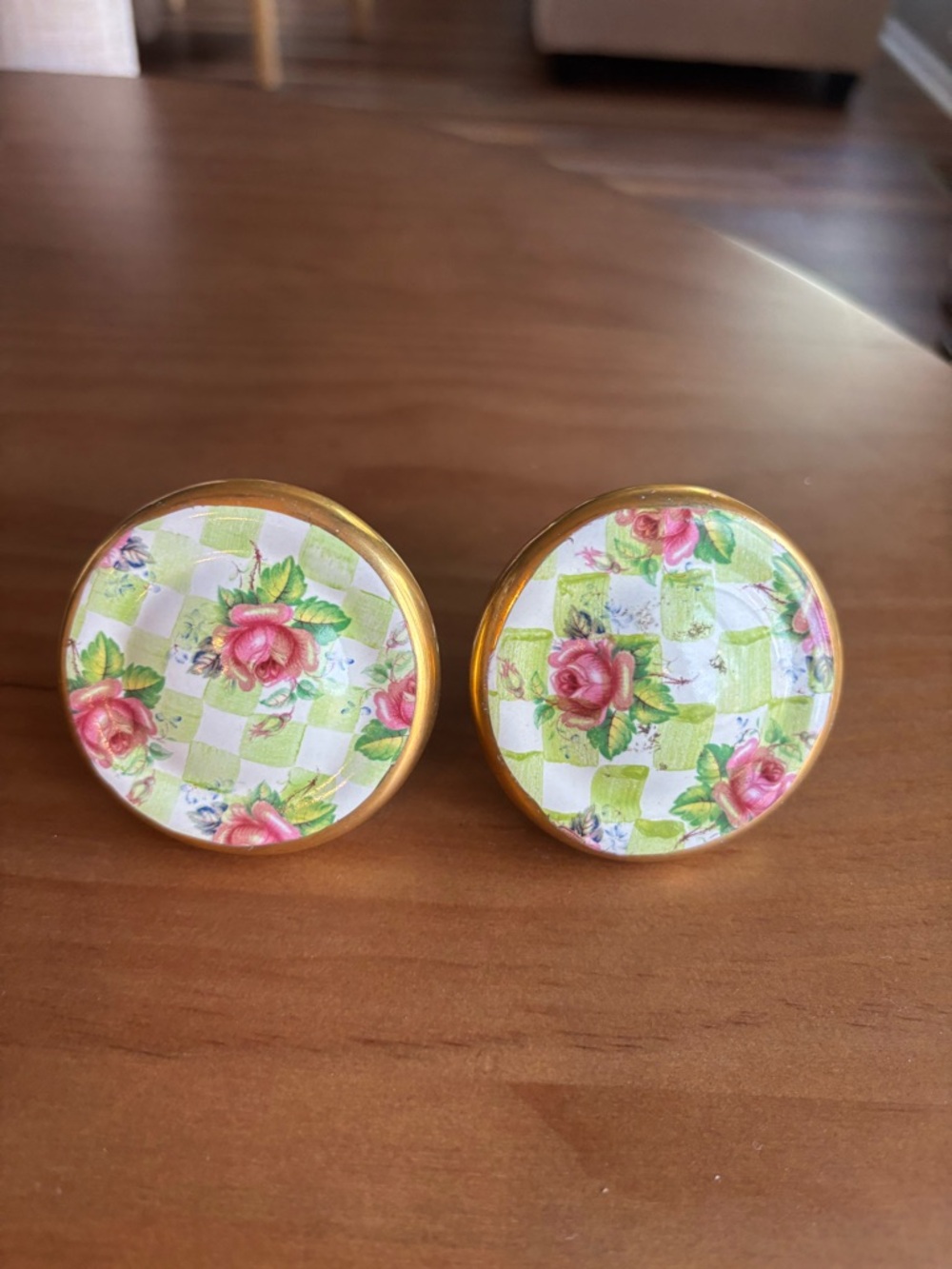 MacKenzie Childs Honeymoon Sweet Pea Green Cabinet Drawer Knobs RARE 2.5” Round